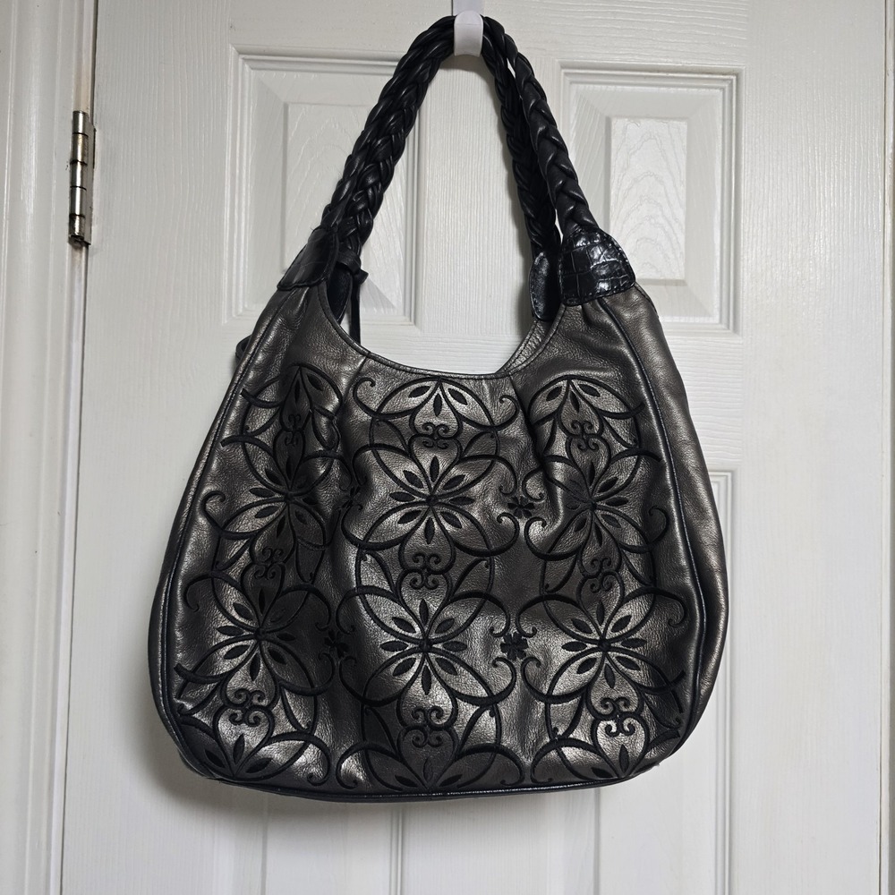 Brighton Florencia Metallic Gray Floral Embroidered Handbag Shoulder Bag Purse - Picture 3 of 13